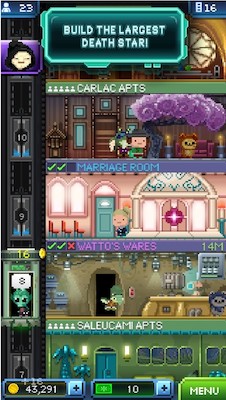 Screenshot of "Tiny Death Star" gameplay showing a tower filled with pixel art floors and an elevator shaft on the left. "Build The Largest Death Star!" is shown in a promotional dialogue box at the top. The HUD shows 23 bitizens, 16 floors, 43,291 coins and 10 imperial bucks, and a menu button. Emperor Palpatine is shown in a button on the upper left hand side. A green rodian alien is shown in the elevator. Visible floors 7-10 are "Saleucami Apts.", "Watto's Wares", "Marriage Room", and "Carlac Apts." with a few different human and alien bitizens inside including a few Ewoks and a Toydarian.
